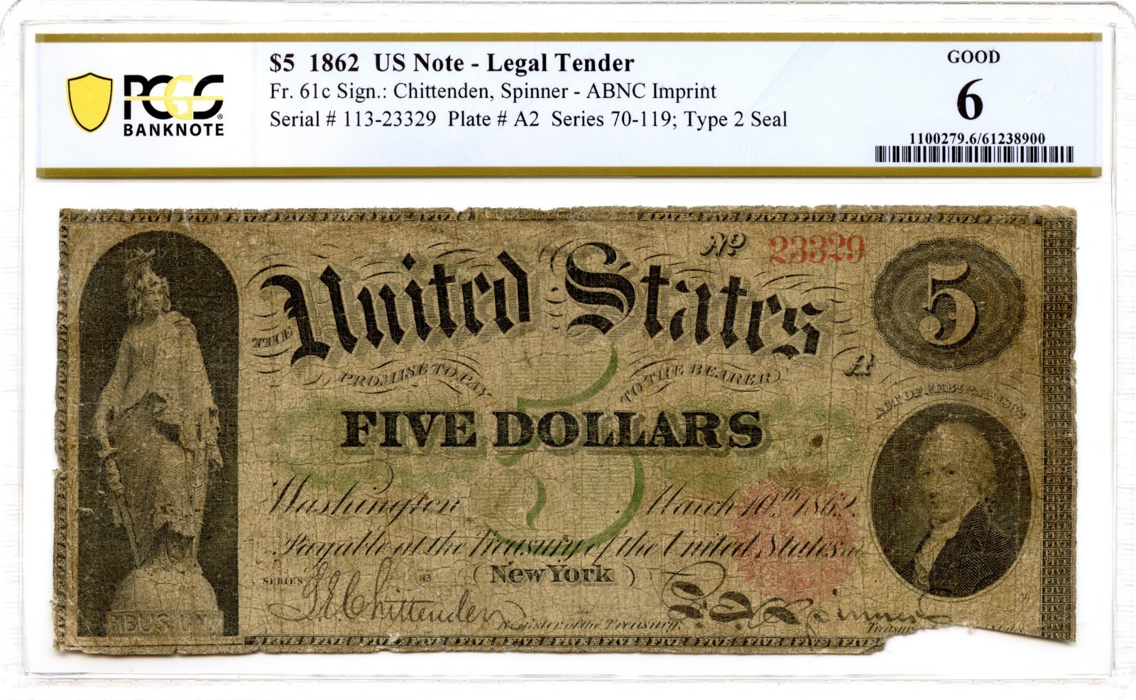 1862 $5 Legal Tender Note Fr#61c PCGS G-6