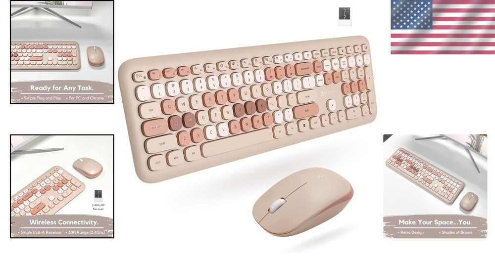 X9 Retro Typewriter Keyboard & Mouse - Brown Wireless Set for Modern Workspaces