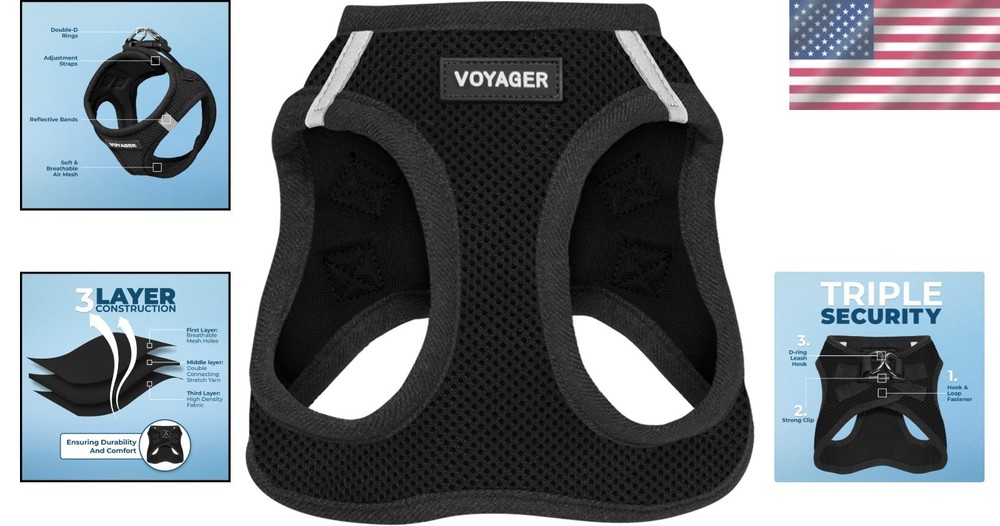 Comfortable Mesh Pet Harness Medium Size Black Trim with Reflective Bands