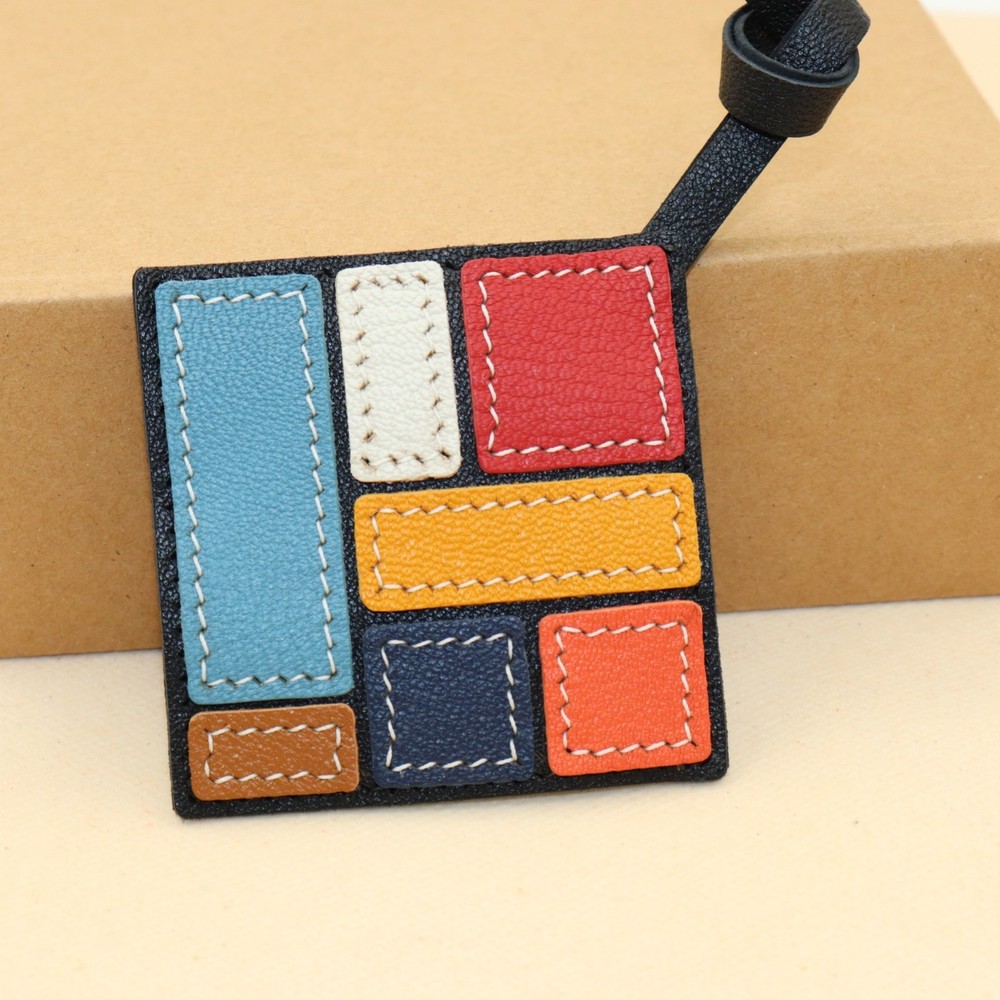 Handcrafted Multicolor Leather Geometric Art Bag Charm, Patchwork Design,Style B