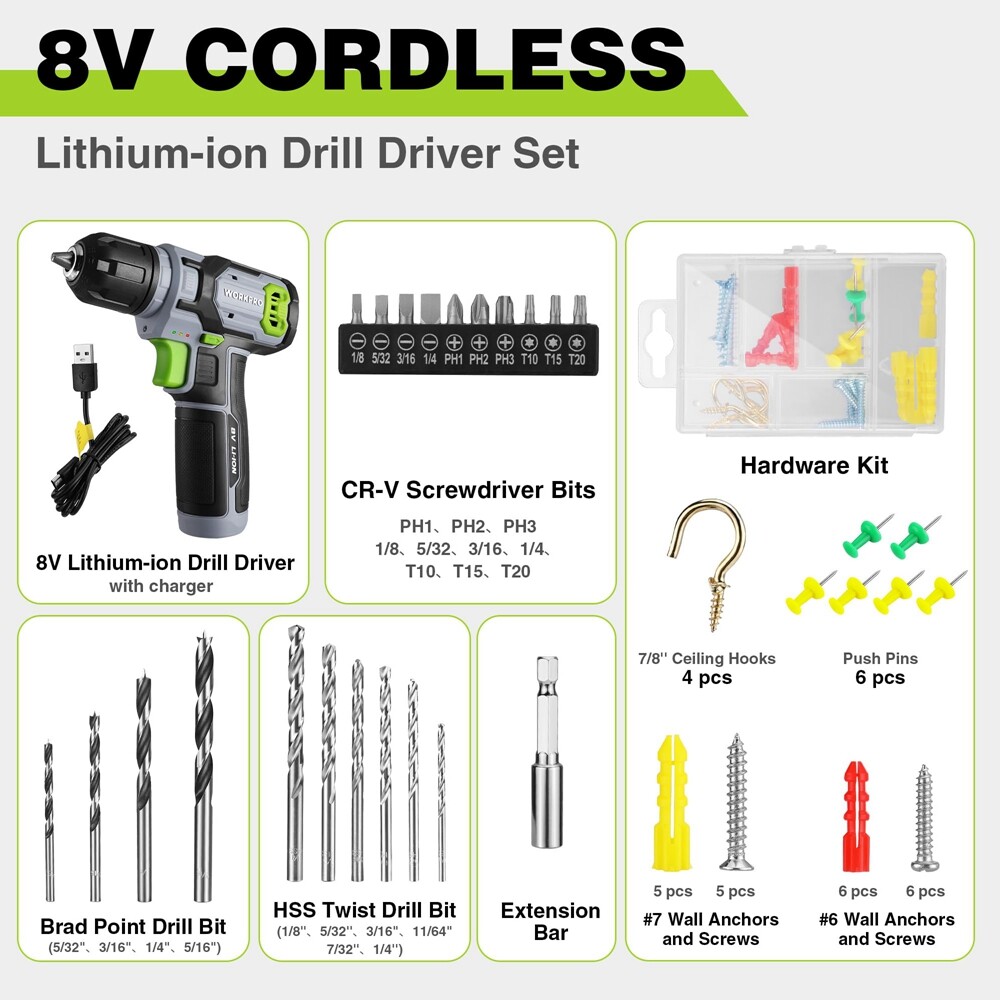 WORKPRO 8V Cordless Drill Driver Set 53pcs Bit Electric Drill 3/8" Keyless Chuck