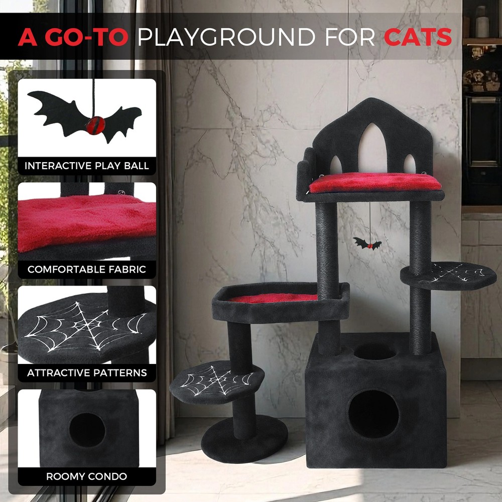 Black Gothic Cat Tree 44.5in w/ Scratch Posts, Hammock, Cave, Toy for Multi-Cats