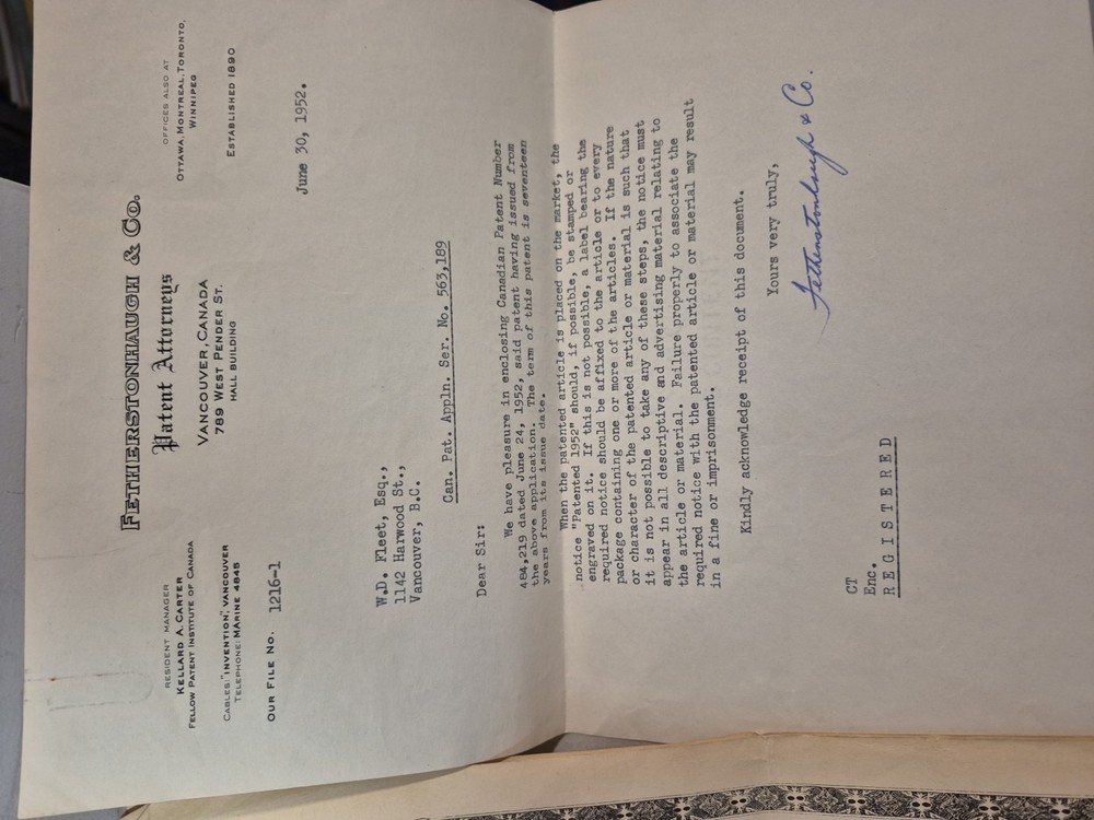 PATENT PAPERWORK for MAPLE EXTRACT - 1952 - 6650