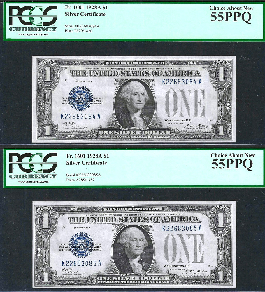 TWO CONSECUTIVE 1928-A $1 SILVER CERTIFICATES ~ PCGS ABOUT UNCIRCULATED 55 PPQ