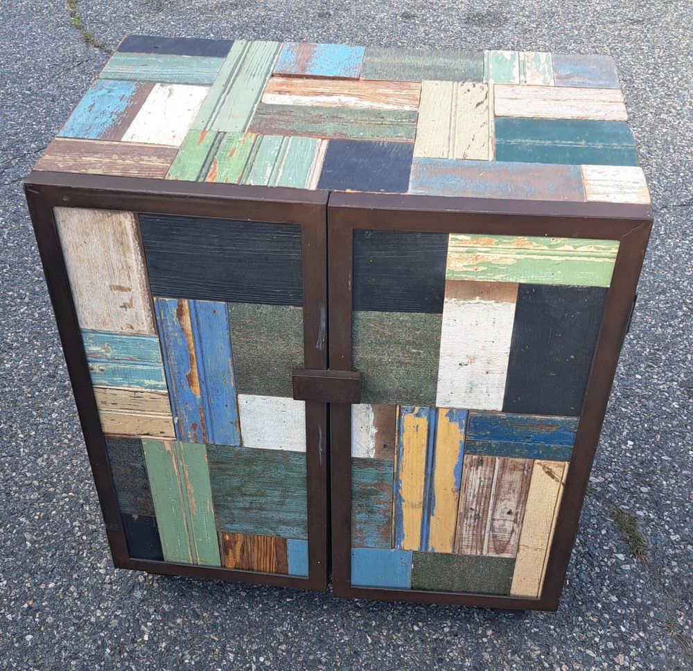 Rustic Patchwork Wood and Metal Cabinet