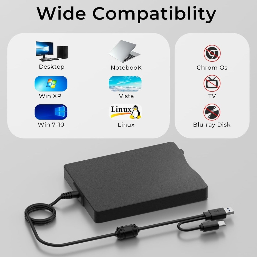 Fast Data Transfer External Floppy Drive - USB 2.0 & Type-C