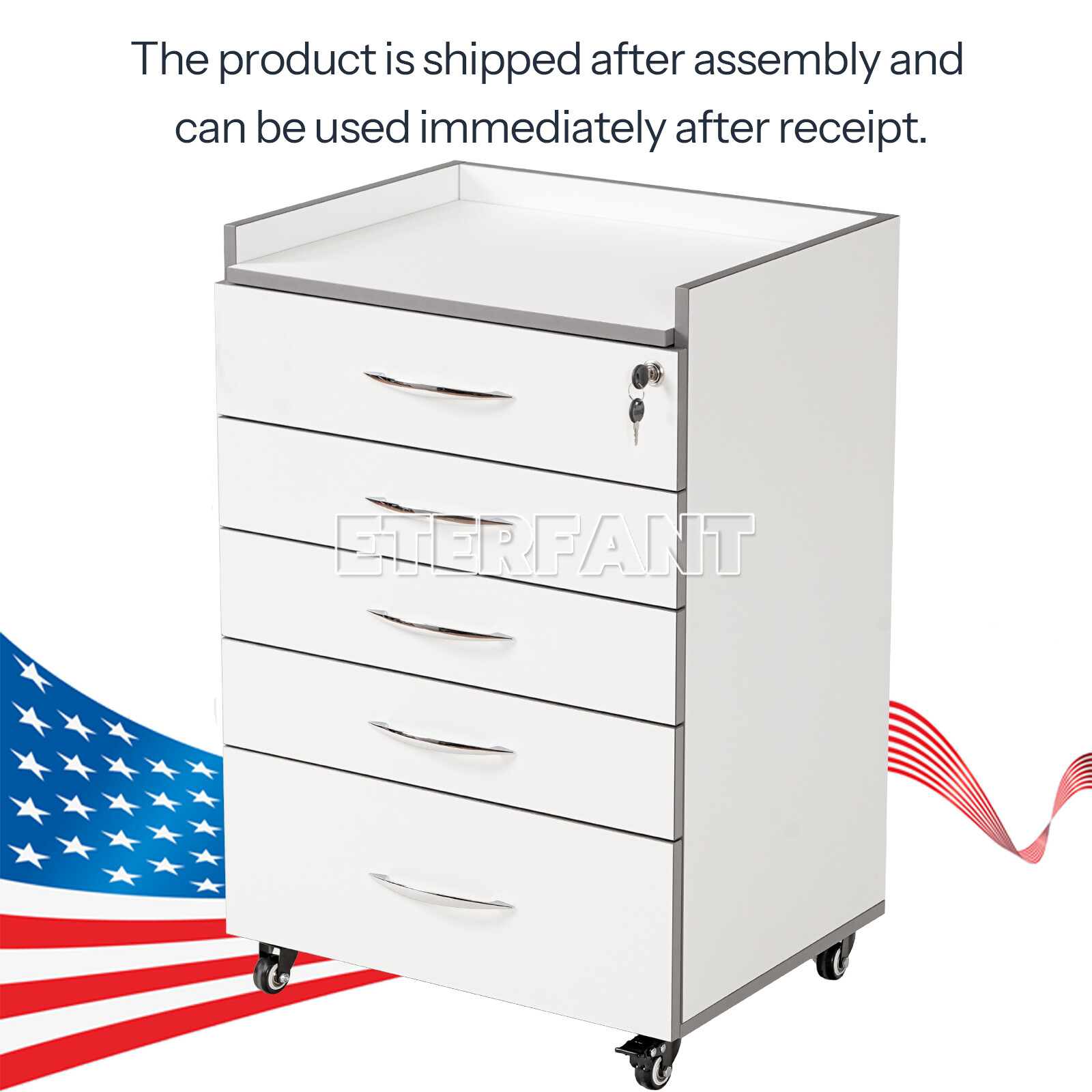 Dental Medical 5 Drawers Trolley Cart Acrylic Mobile Rolling Cart Wooden Cabinet