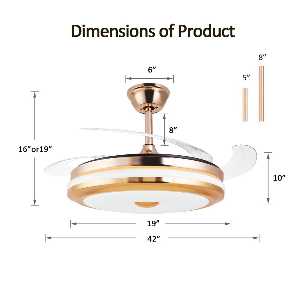 42" Retractable Invisible Ceiling Fan with LED Light with Remote