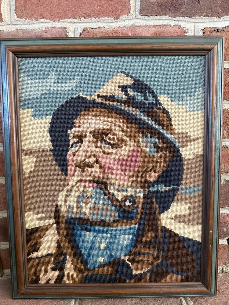 Old Sailor Needlepoint Framed Nautical Cape Cod Vintage