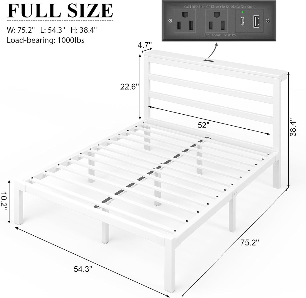 Full Size Bed Frame with Storage Headboard, Industrial Platform Bed with Chargin