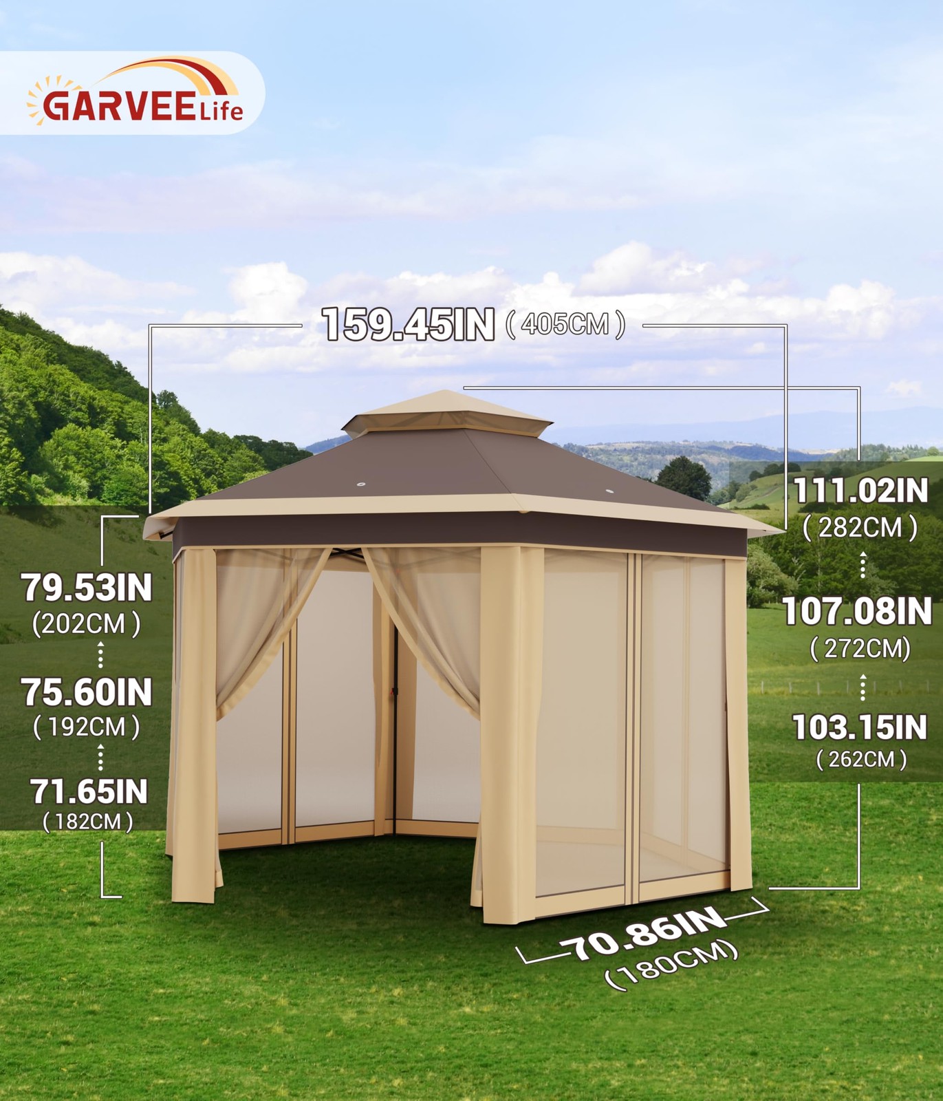 Strong Steel Frame Hexagonal Gazebo 13x13 ft Instant Pop Up with Mesh Netting