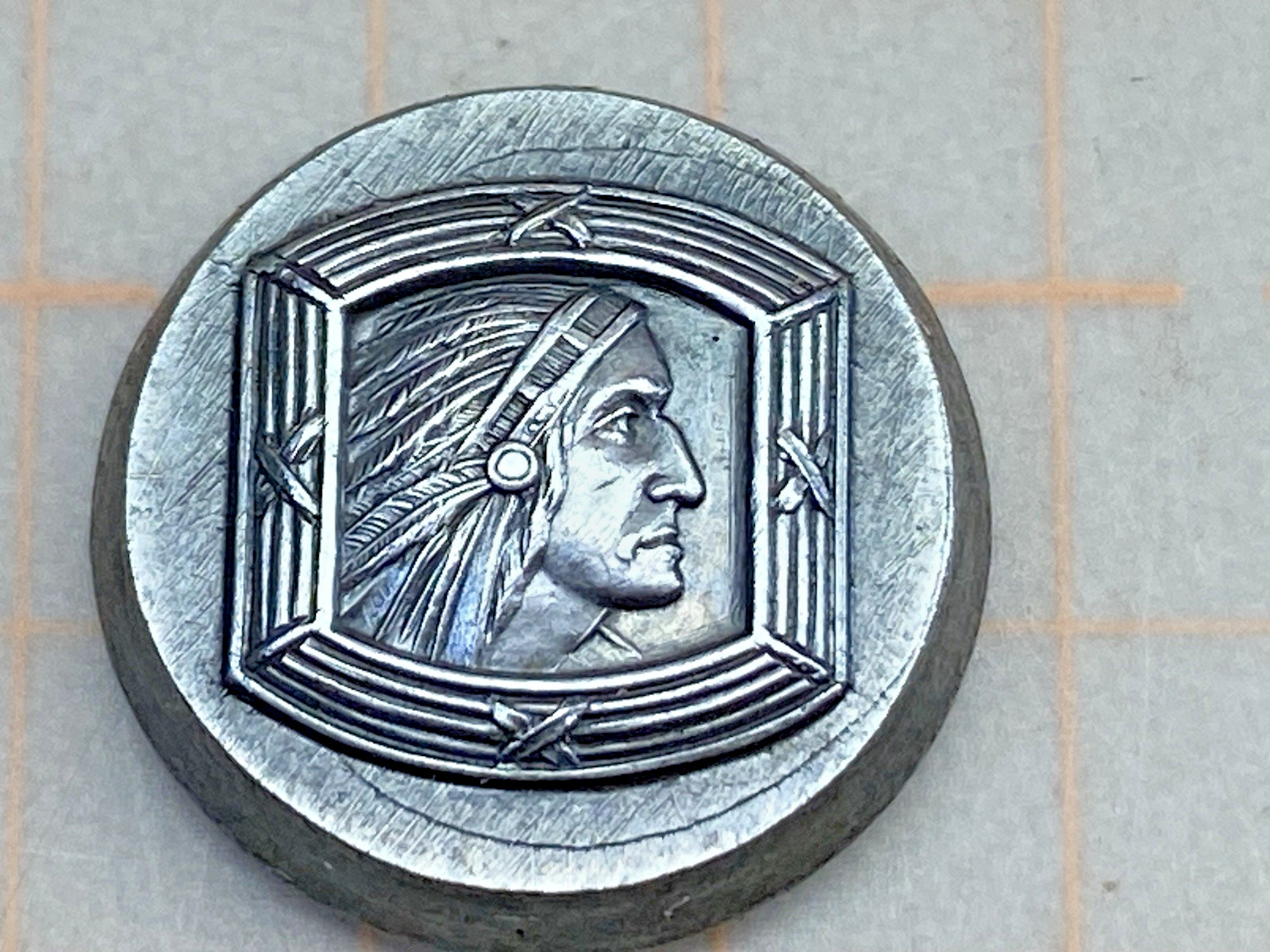 Vintage Hub Stamp Native American Indian Chief Head Tiny 7/16" Pin Ring Badge
