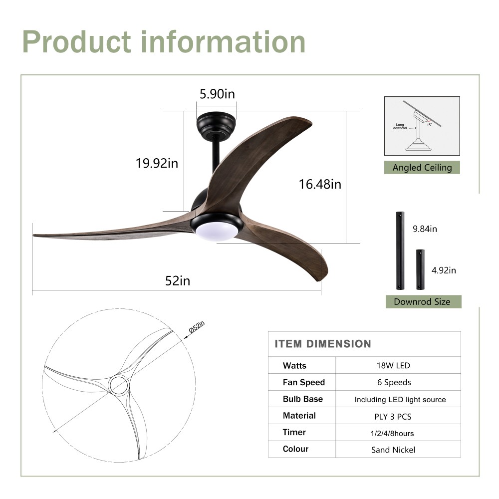52"Solid Wood BladesCeilingFan Indoor Ceiling Fan With Light with Remote Control