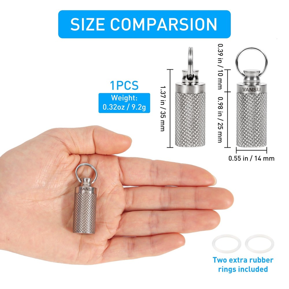 VANSU Titanium Waterproof Keychain Pill Holder Small-2pack, Silver