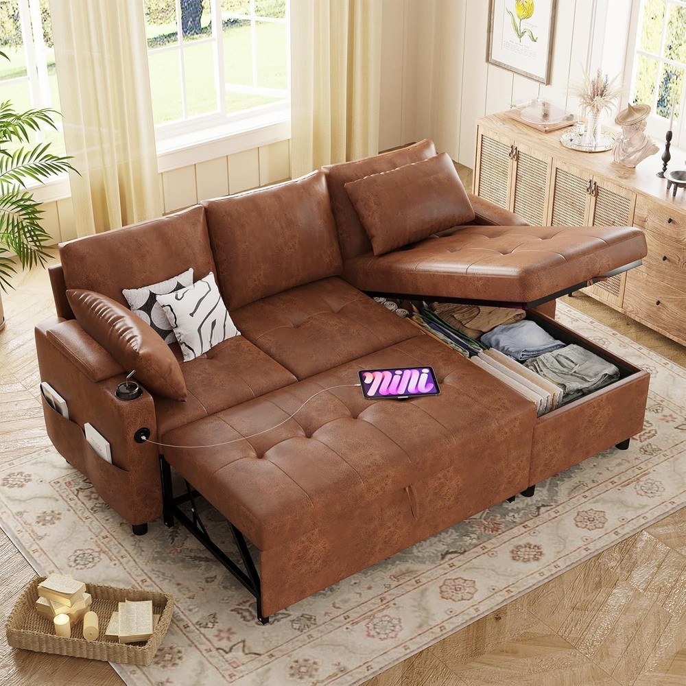 Sleeper Sofa Bed 3-in-1 Pull Out Sectional Couch w/ Reversible Chaise & Storage