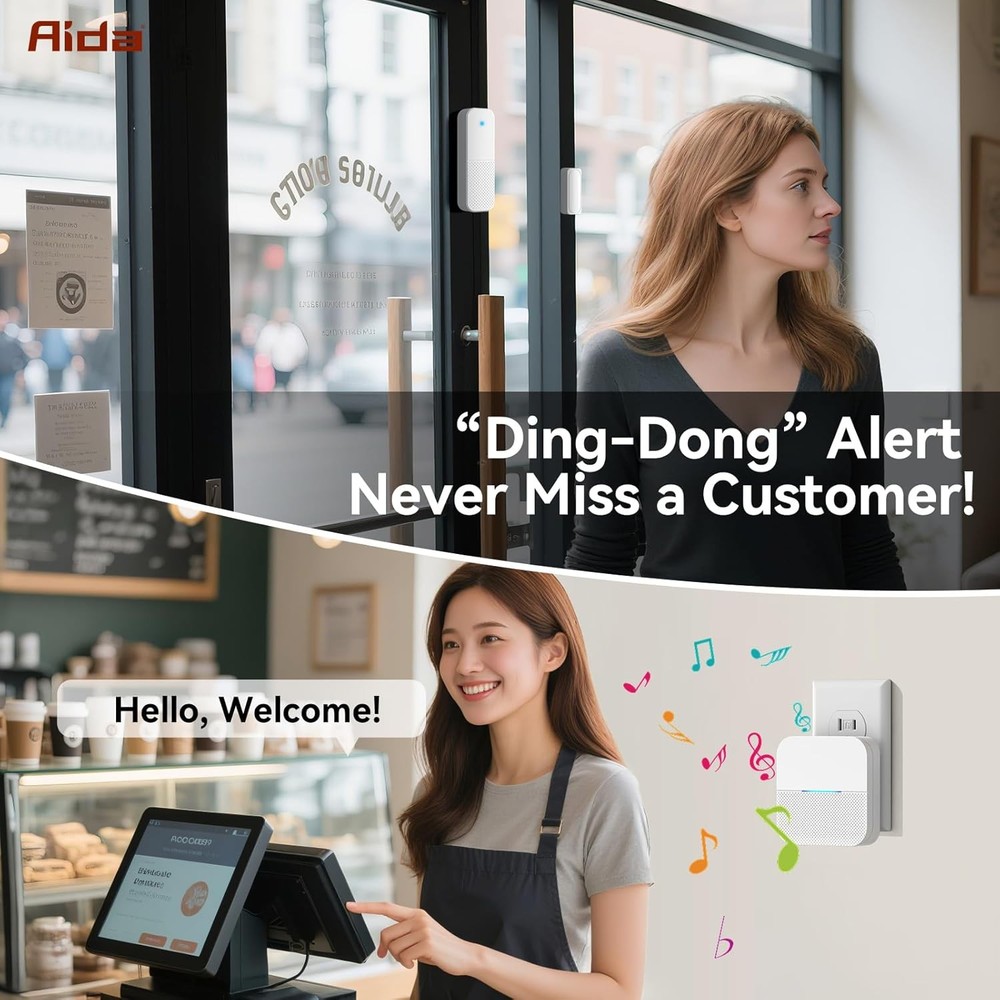 AIDA Door Alarms When Opened Wireless Ring 1 Chime-2 Sensor, White
