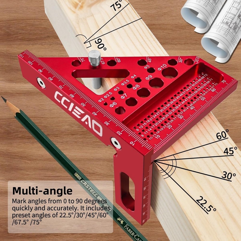 3D Multi-Angle Carpenter Square Scriber, 22.5-90 Degree Drawing Line Ruler wi...