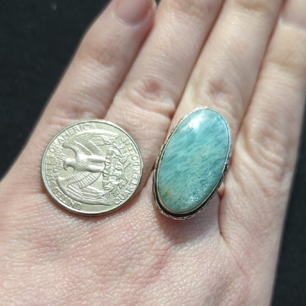 Silver Plated Pastel Blue Green Amazonite Gemstone Oval Statement Ring -Size 9.5