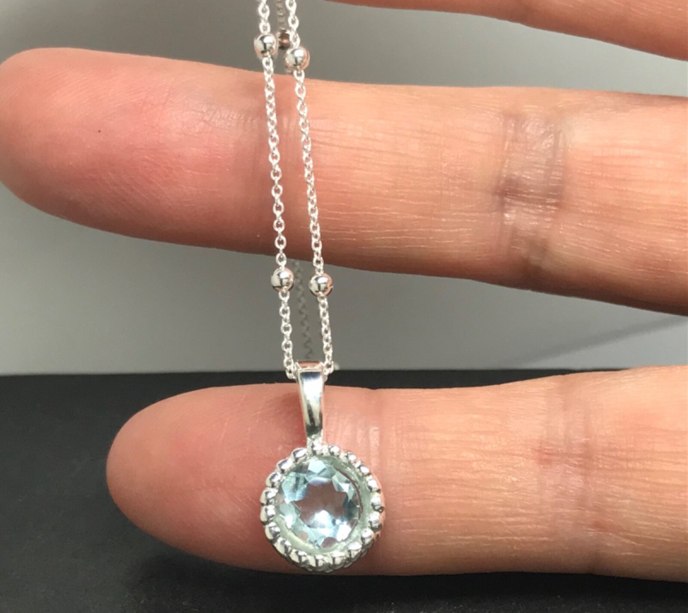 Blue topaz round pendant stud earrings set solid Sterling silver satellite chain