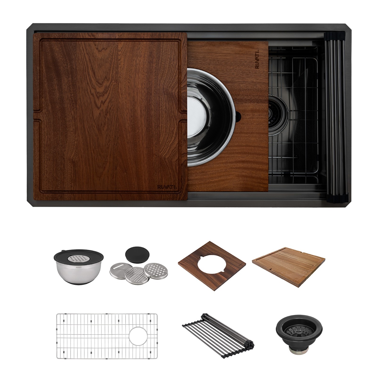 Ruvati 33" Gunmetal Black Workstation Two-Tiered Ledge Kitchen Sink - RVH6222BL