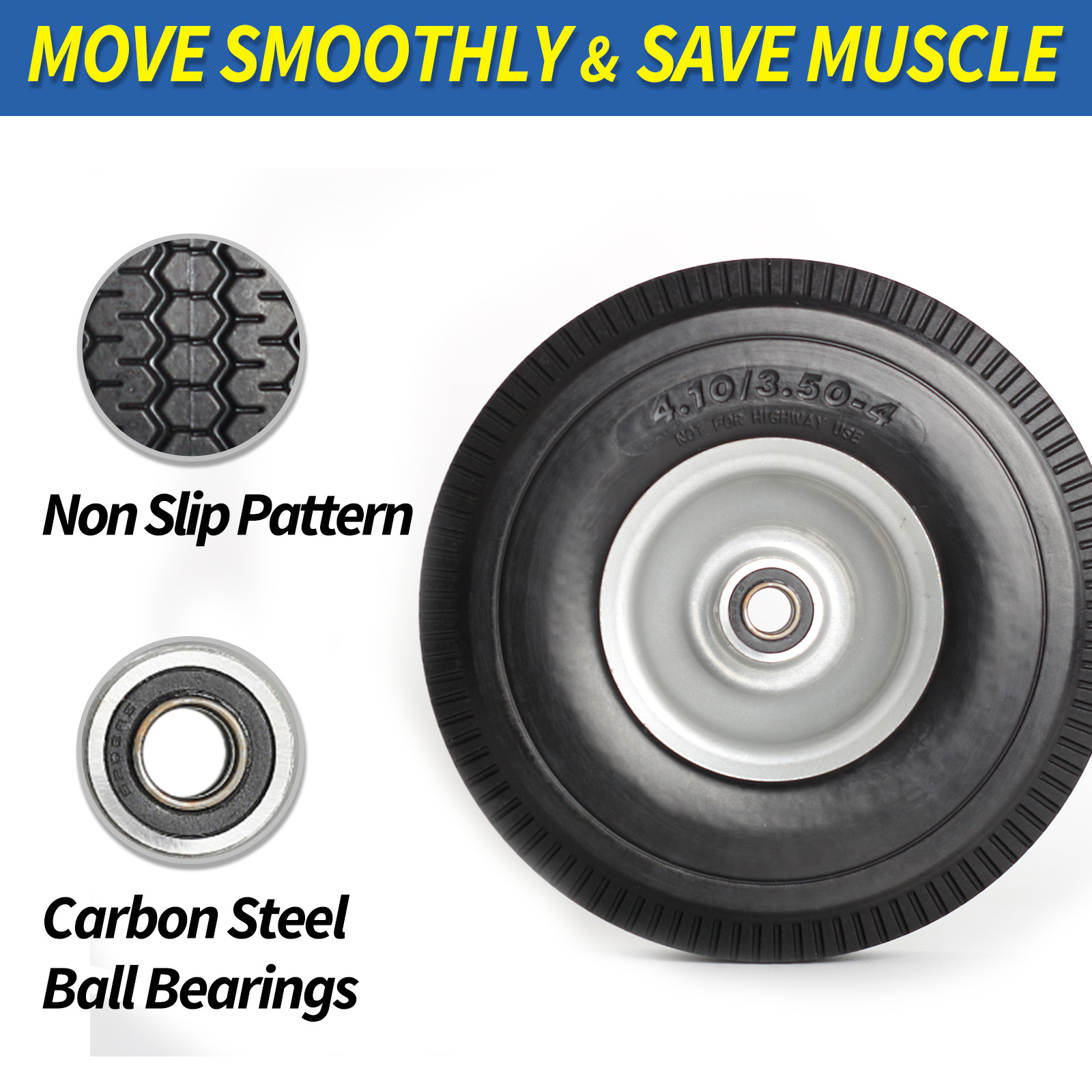 4.10/3.50-4 Flat Free Tire & Wheel for Hand Truck Garden Wagon Cart 2 Pack