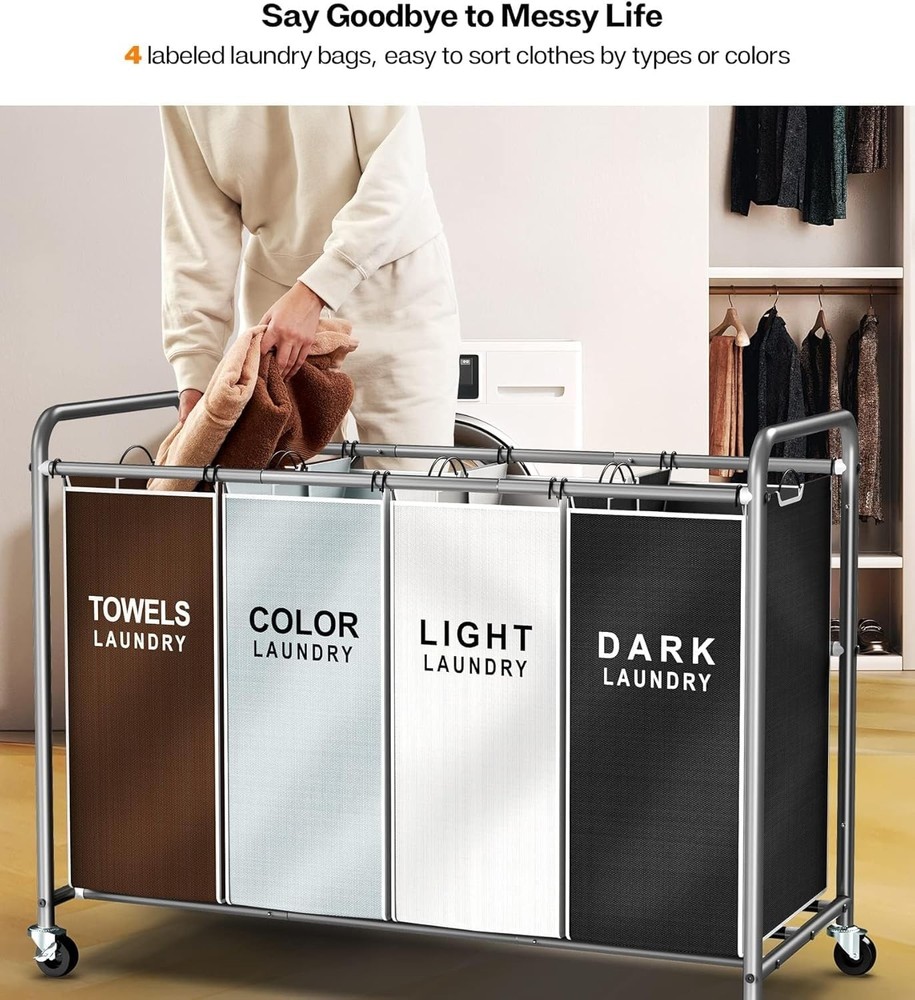 ROMOON Laundry Hamper Sorter Cart: 4-Section Organizer