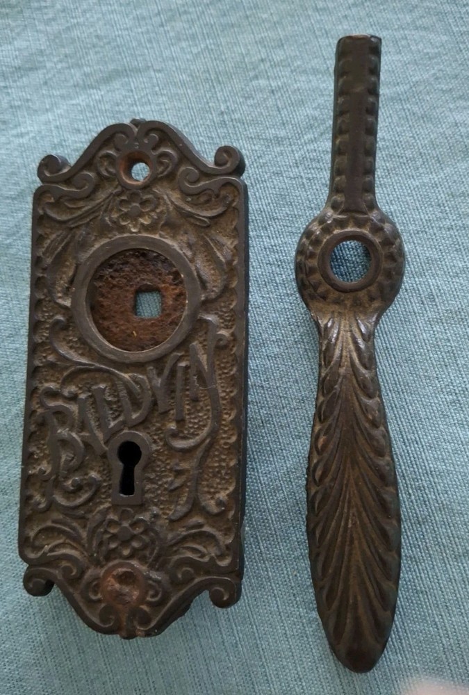 Victorian Baldwin Lock Plate & Handle, Ornate Cast Iron