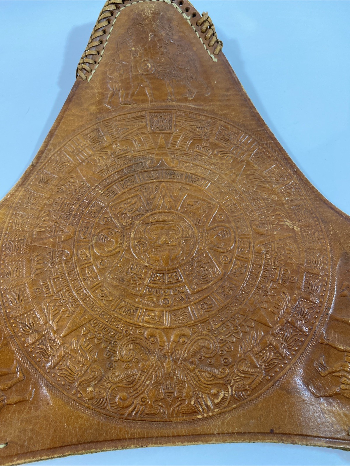 Vintage Leather Tripod Stool Cover Mexican Aztec Calendar Saddle Hand Tooled