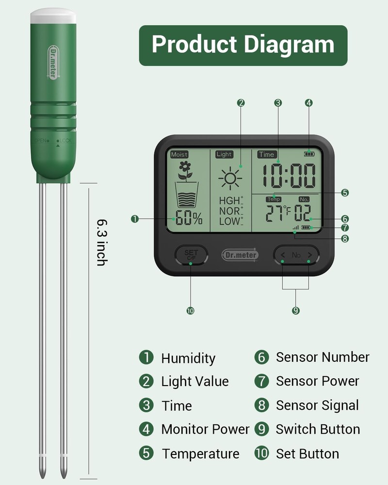 4-in-1 Soil Moisture Meter, 300ft Wireless Soil Tester Sensor, Temperature/Light