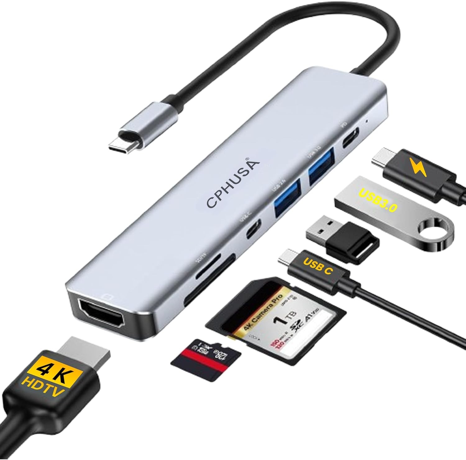 USB-C Hub 7-in-1 Multiport Adapter 4K@30Hz HDMI USB 3.0/USB 2.0/100W PD Charging