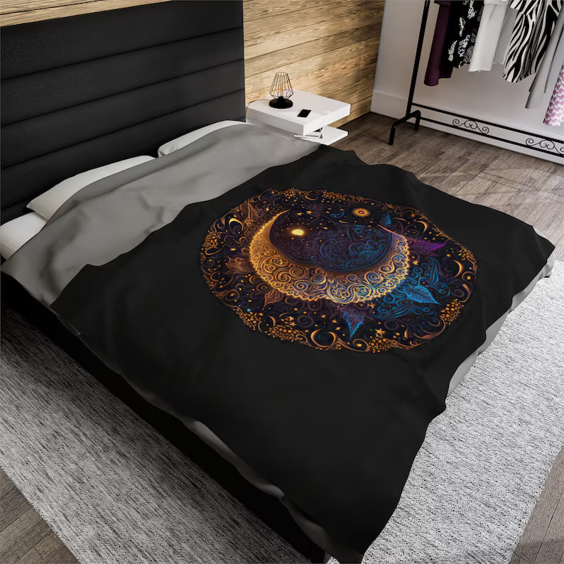 Crescent Moon Electric Mandala Blanket Plush Throw Celestial Art