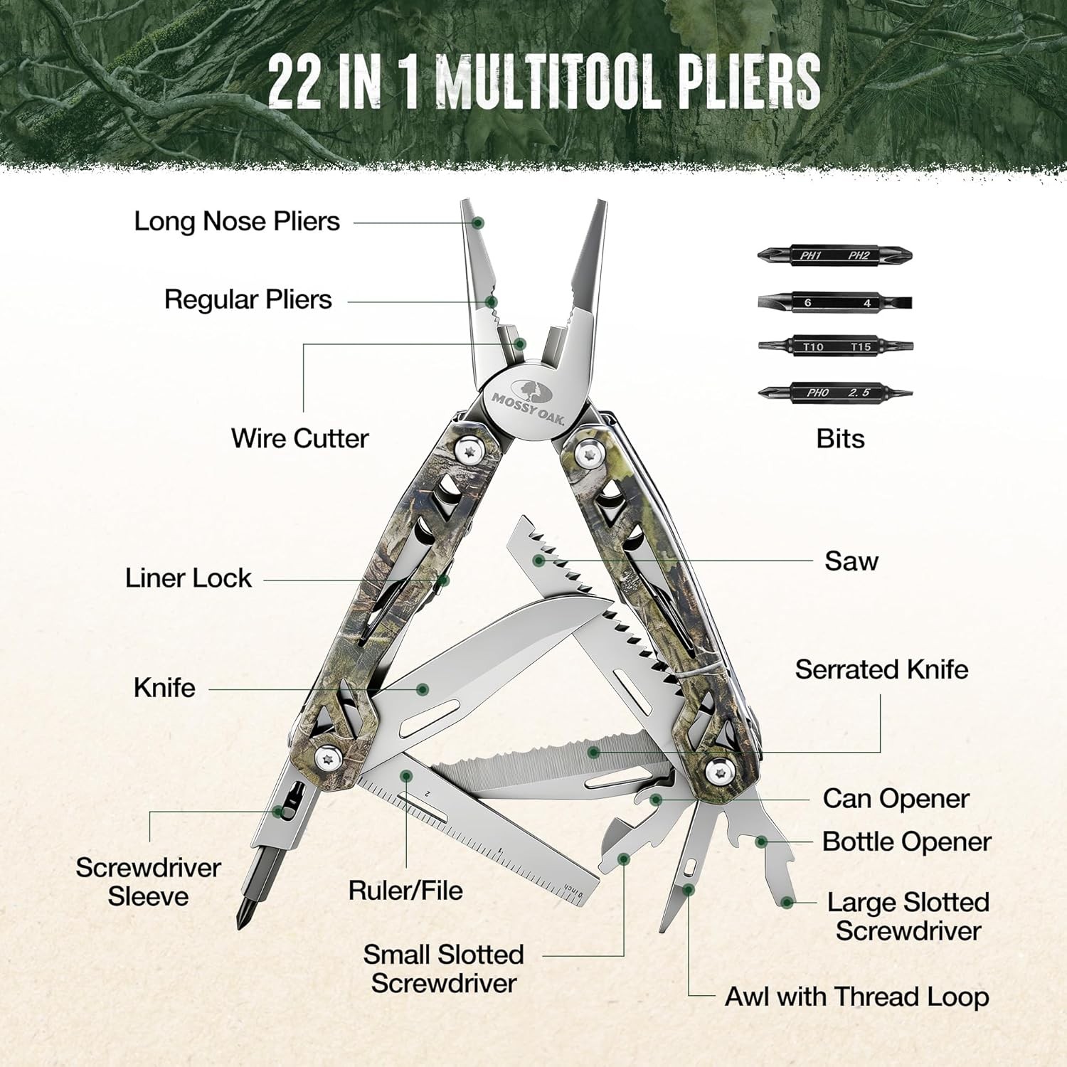 MOSSY OAK Multitool 22-in-1 Stainless Steel Plier Screwdriver Self-locking Knife