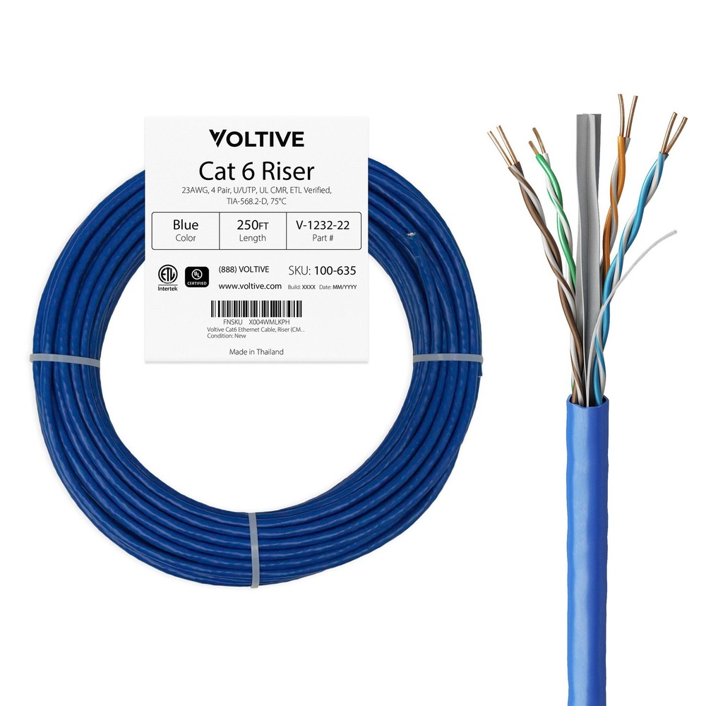 Voltive Cat6 Riser (CMR) Ethernet Cable - UTP, OFC, 250FT, Blue