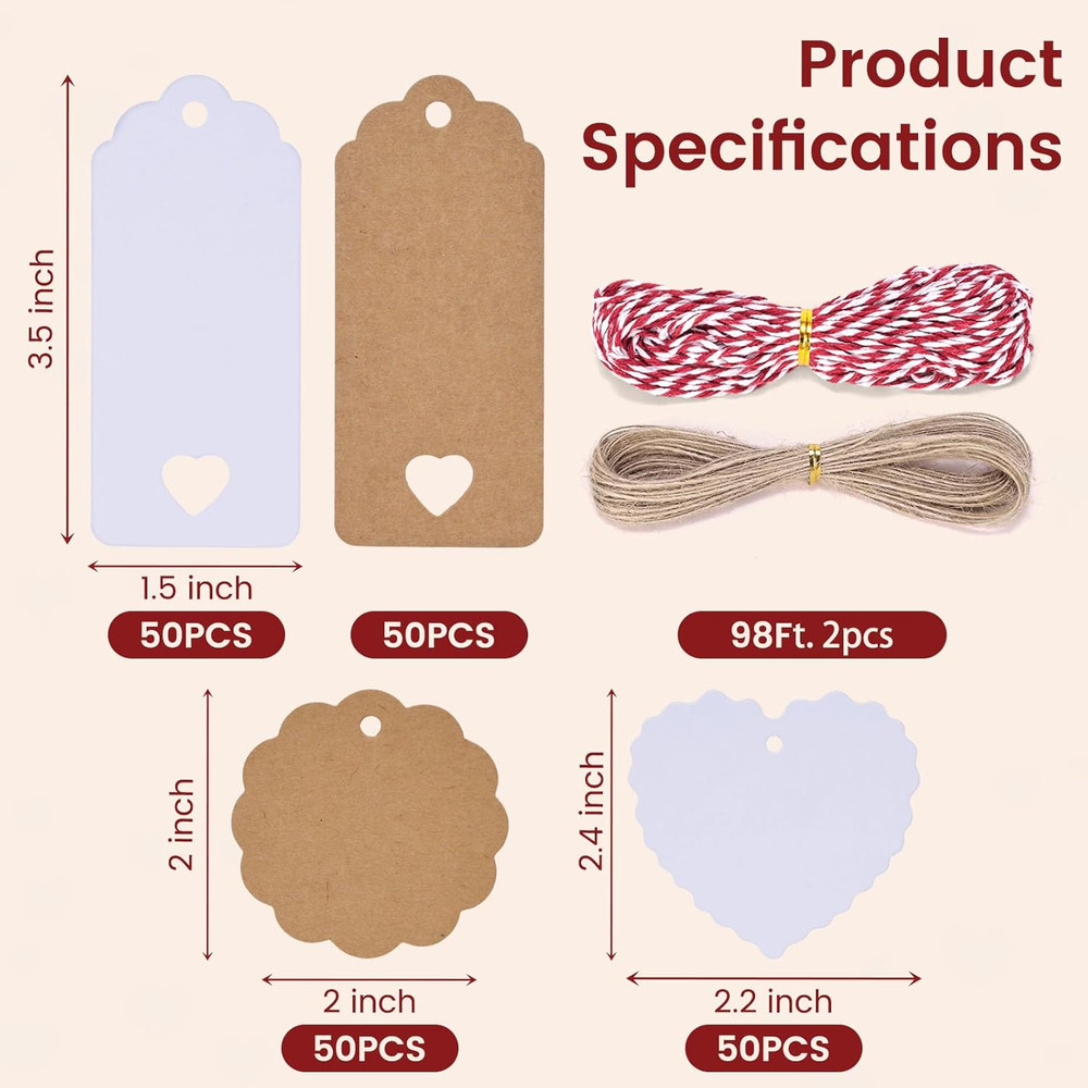 200Pack Gift Tags with String Attached, 3 Different Designs White and Brown Blan