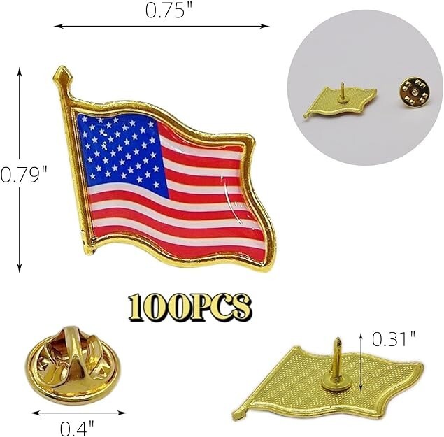 American Flag Lapel Pins Lot of 100 0.75-inch USA Tie Tack