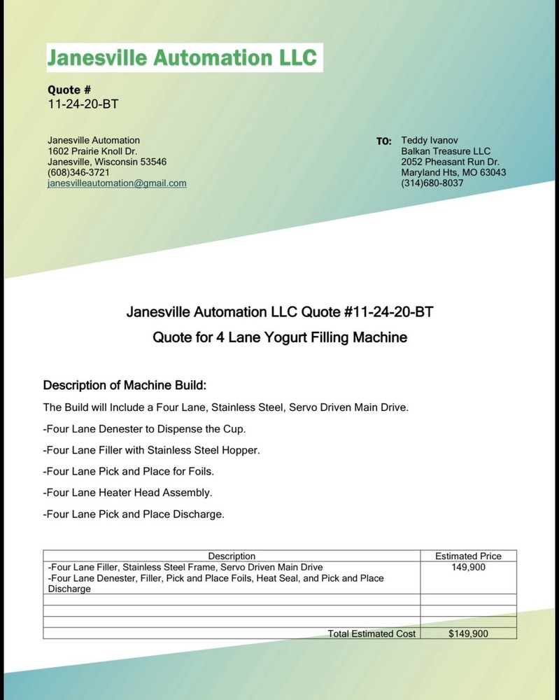Yogurt Filling Machine 4 Lane