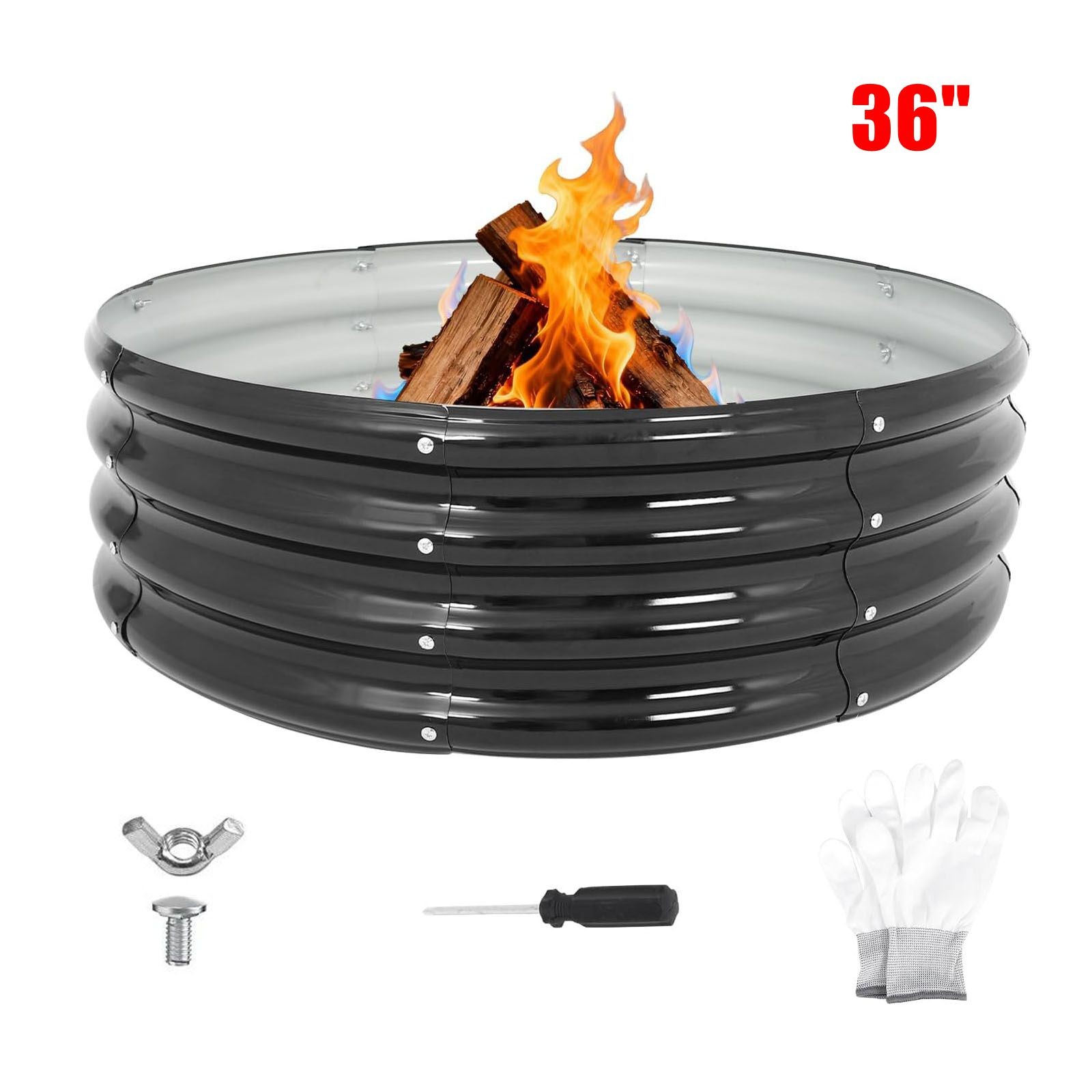 36" Round Galvanized Steel Fire Ring Pit for Backyard, Camping, Bonfire