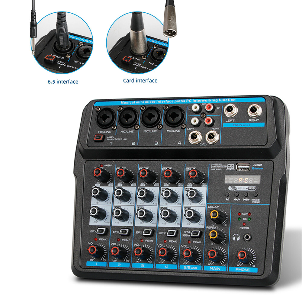 6 Channel Mixing Console Sound Live Studio Audio Mixer USB Bluetooth