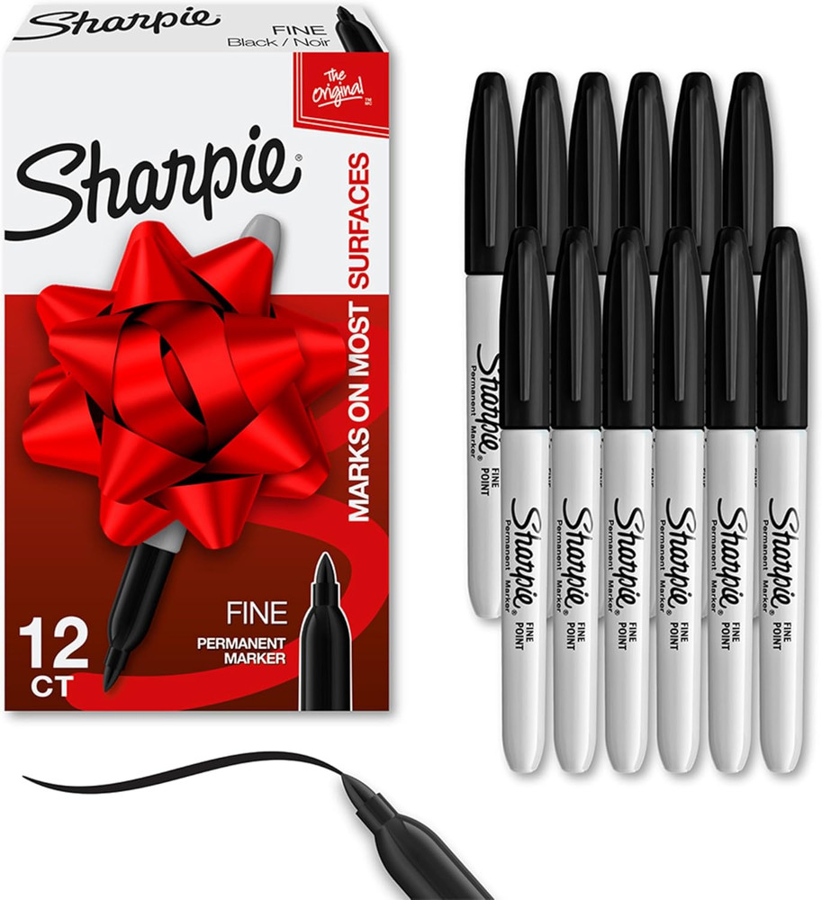 Sharpie Permanent Markers, Fine Tip, Black, 12 Count - for Classroom, Office, &