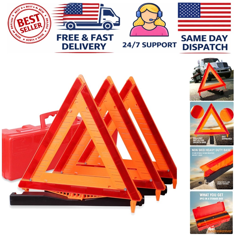 Reflective Emergency Triangle Kit 3-Pack - Easy Setup, High Visibility, Durable