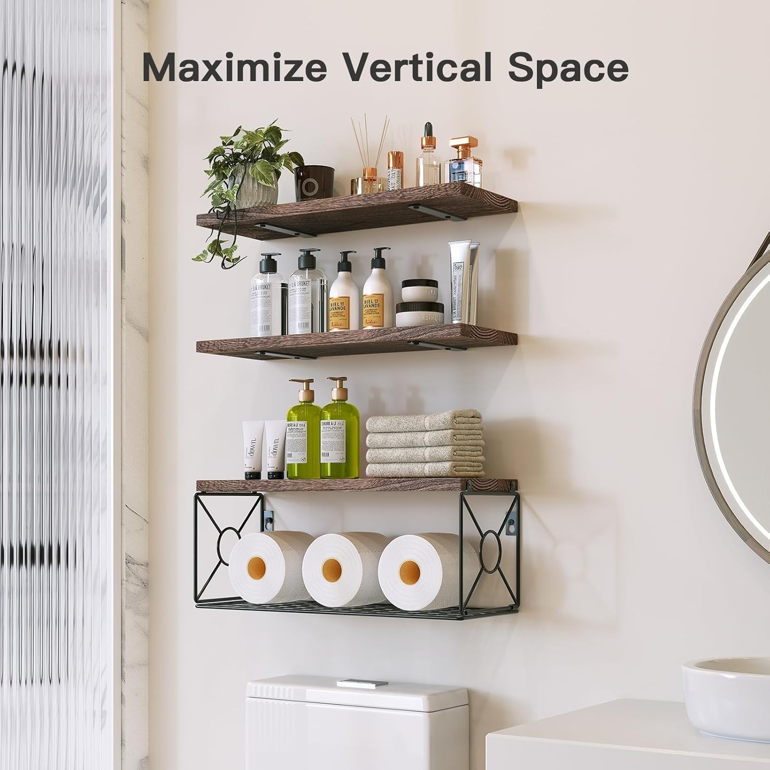 Amada Bathroom Shelves over Toilet with Storage Basket, Floating Shelves