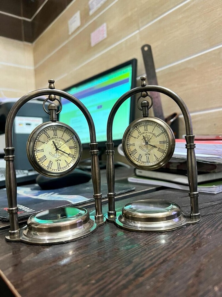 2 Pcs Nautical Brass Small Table Desk Clock with Roman Numerals and Compass Base