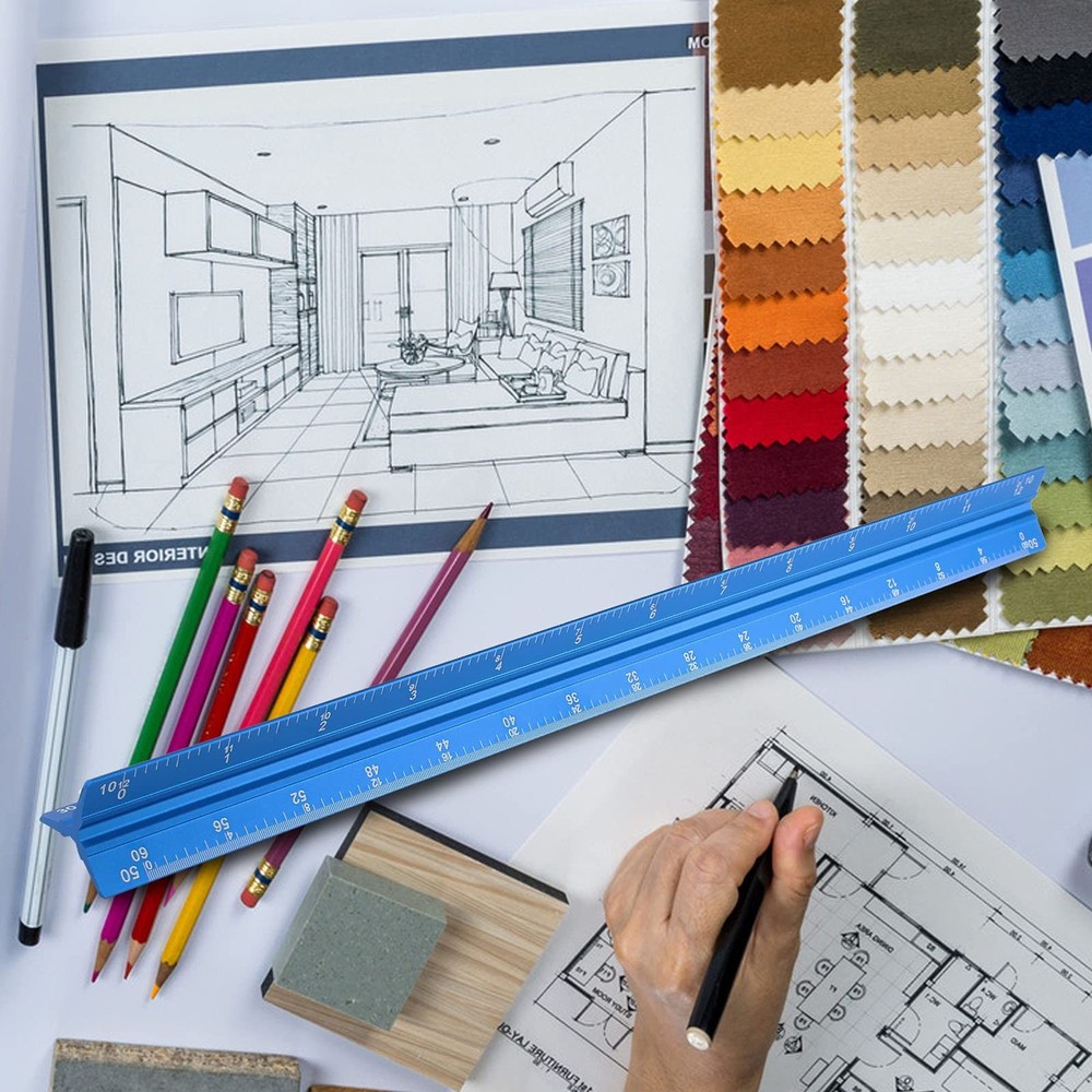 12 Inch Engineer Scale Ruler Aluminum Triangular Drafting Tool Imperial 6 Scales