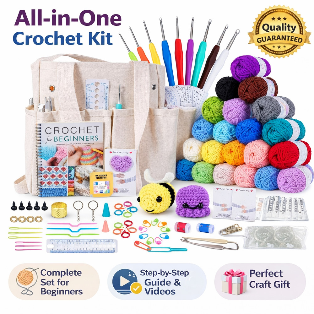 Beginner Crochet Kit 81 Piece Starter Set with Yarn Hooks Guide Book