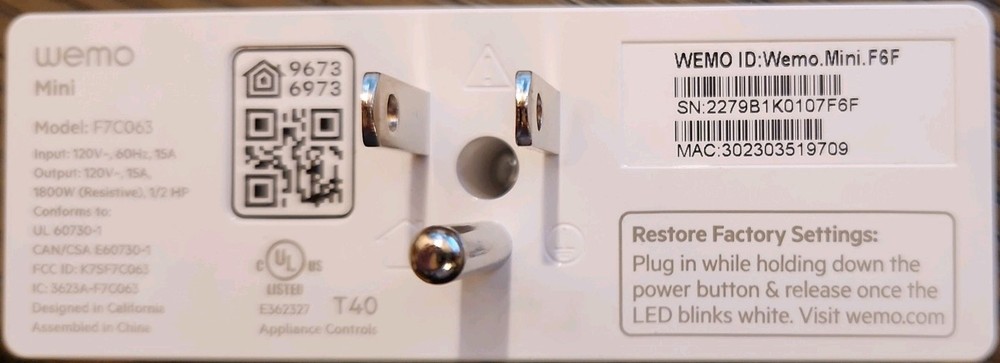2x Wemo Mini Smart Outlet Plug F7C063