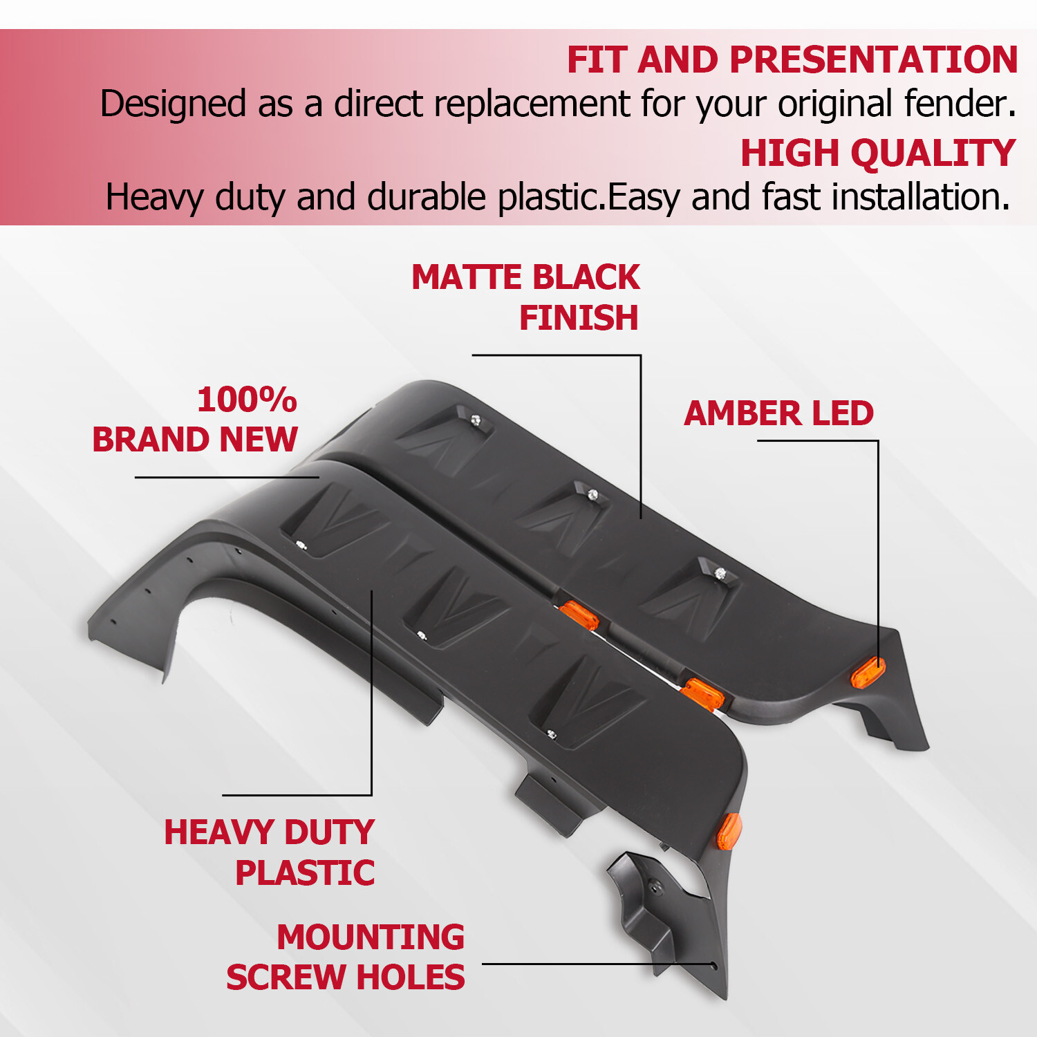 For 07-18 Jeep Wrangler JK Pocket Rivet Style Smooth Fender Flares w/LED 4PCS