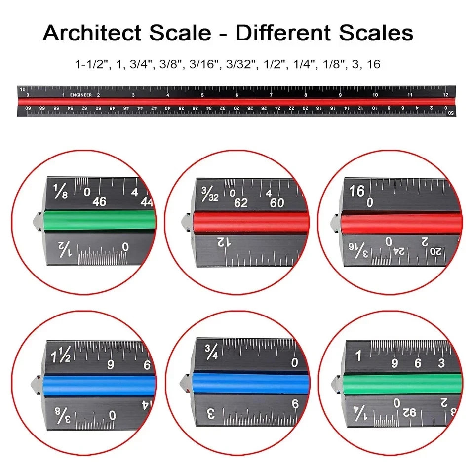 3 Pack 12 Inch Solid Aluminum Triangular Architect Scale Ruler Set, 3-Colo