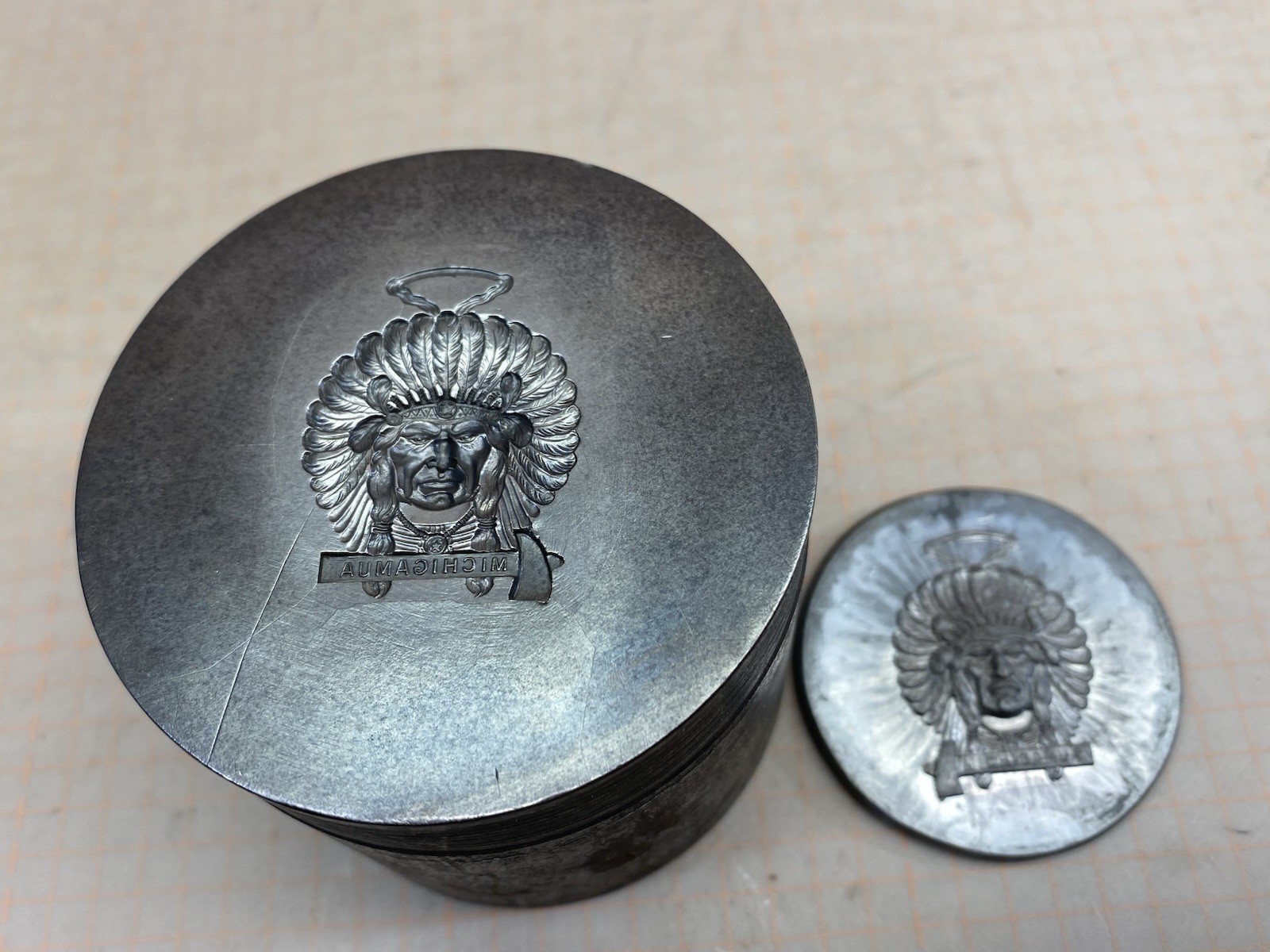 VTG Die Mold Native American Indian Chief Michigamua Tomahawk Watch Fob Medal