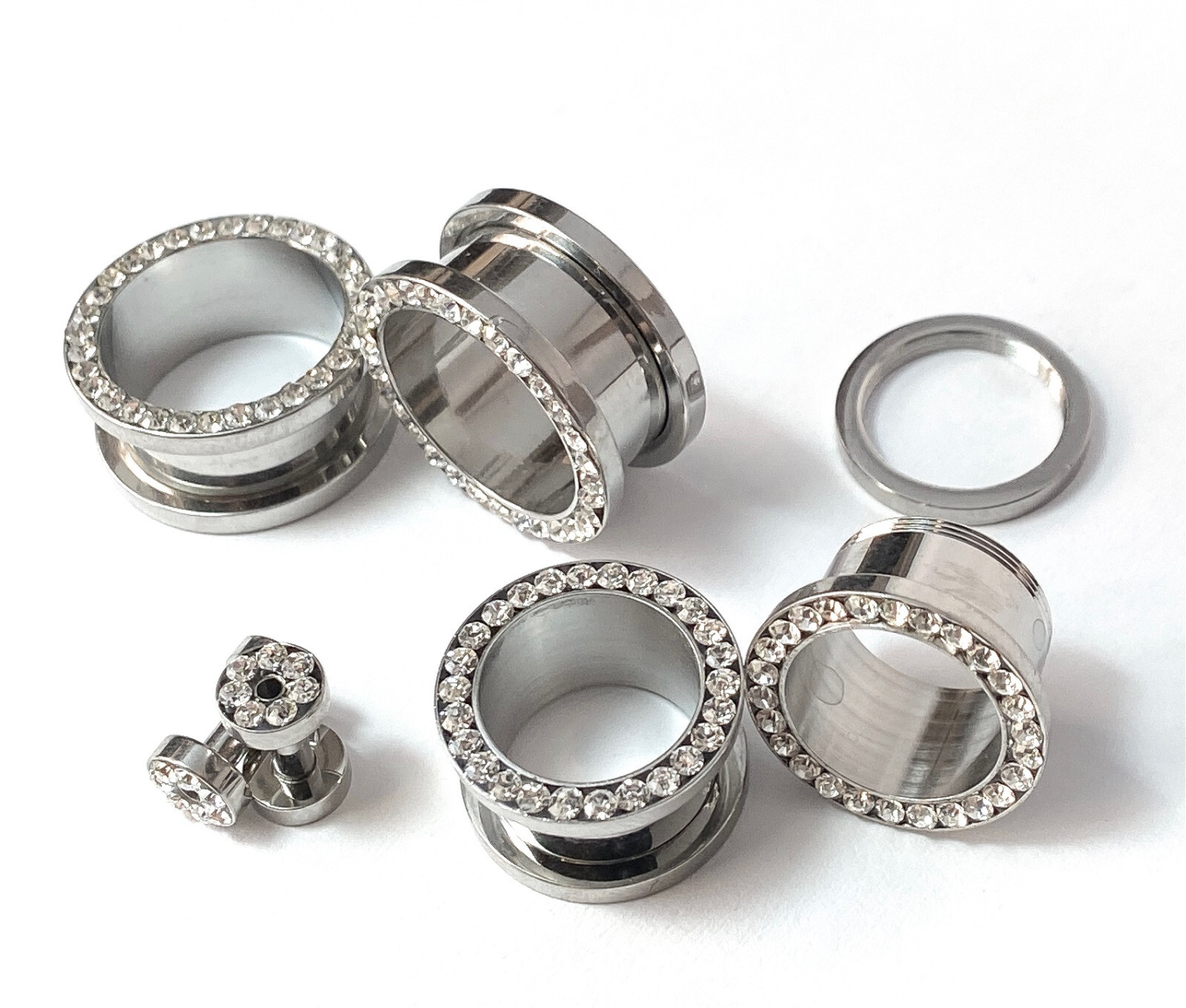 PAIR Clear CZ Gem Rimmed 316L Surgical Steel Screw Fit Tunnels Plugs Gauges