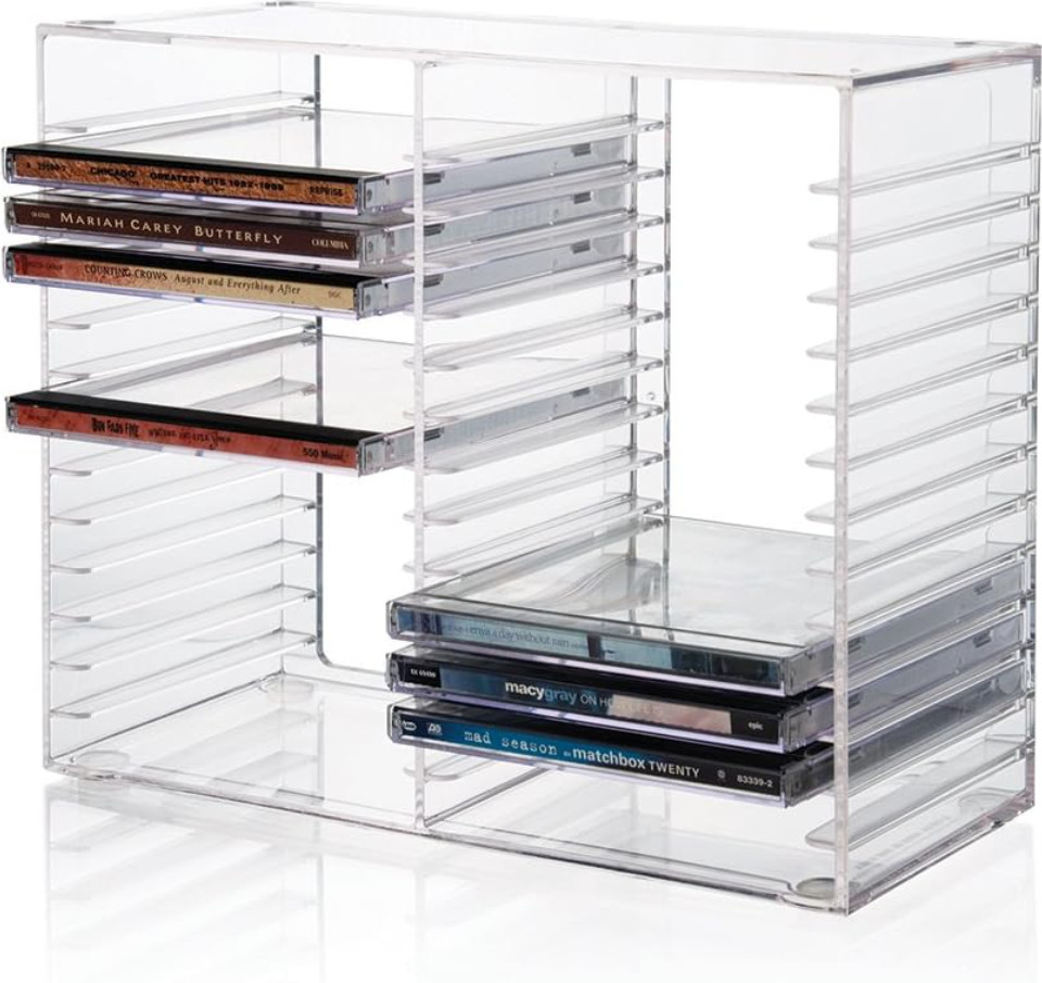 Clear Plastic CD Holder Storage Rack Stacking Tray DVD Disk Case Space Organizer